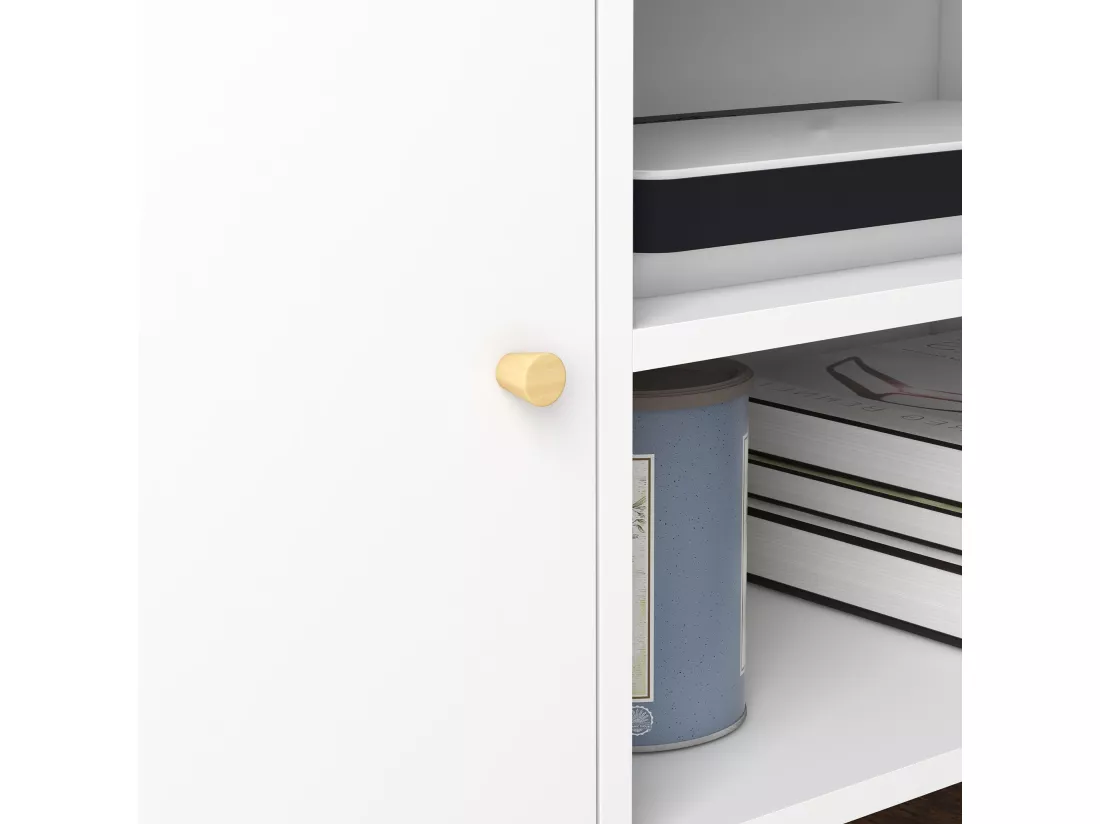 Meuble TV style scandinave 2 portes 2 niches passe-fils piètement bois pin panneaux blanc