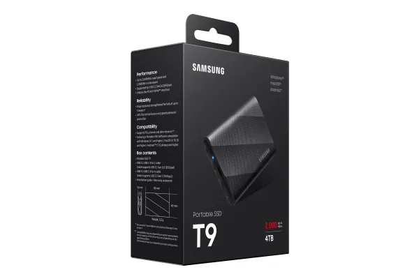 Samsung T9 MU-PG4T0B - SSD - krypteret - 4 TB - ekstern (bærbar) - USB 3.2 Gen 2x2 (USB-C stikforbindelse) - 256-bit AES - sort