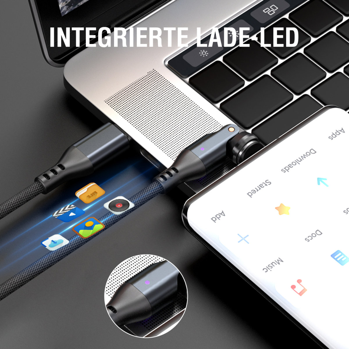 (1.8m) 3in1 USB C auf USB C / Micro USB / Lightning Ladekabel Magnetisches Nylon 540° Datenkabel mit LED (541237) - Schwarz