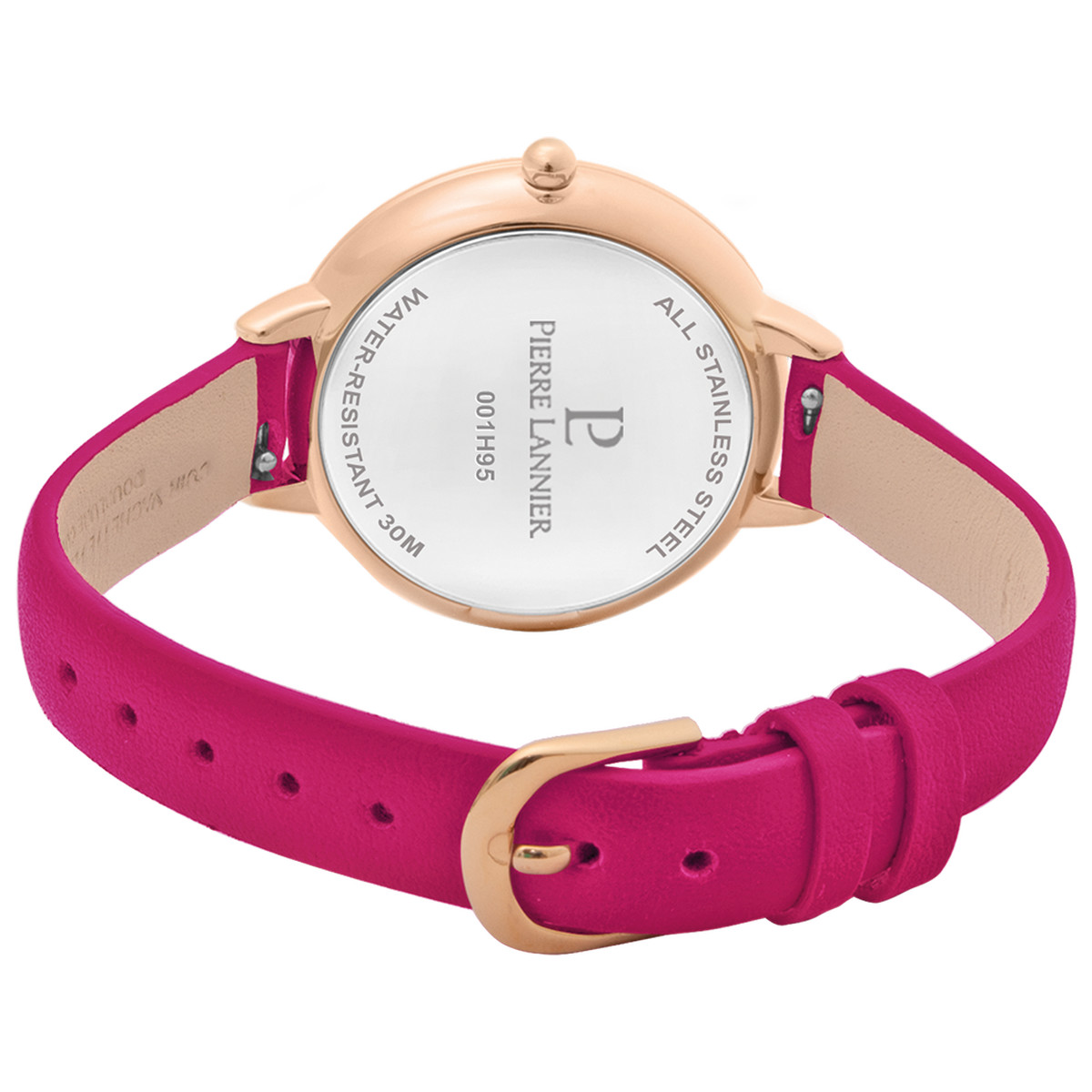 Montre PIERRE LANNIER femme acier doré rose bracelet cuir framboise