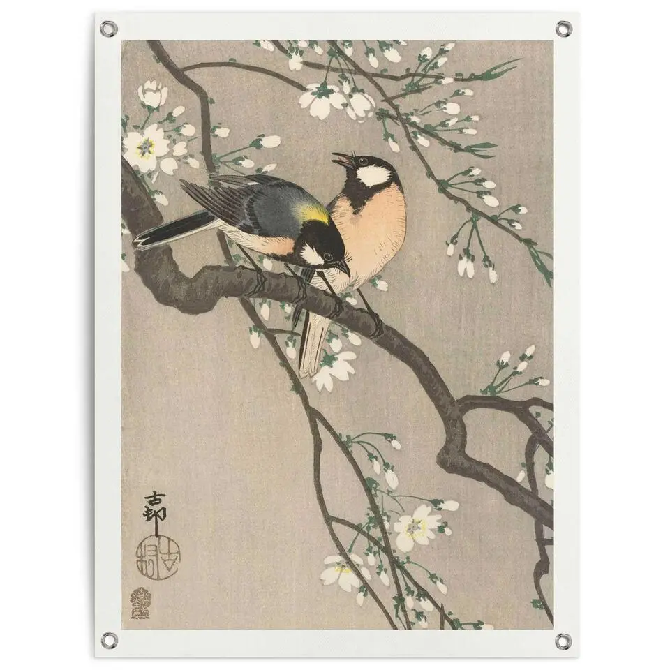 Tuinposter Ohara Koson Koolmezen op bloesemtak - 80x60cm - Beige