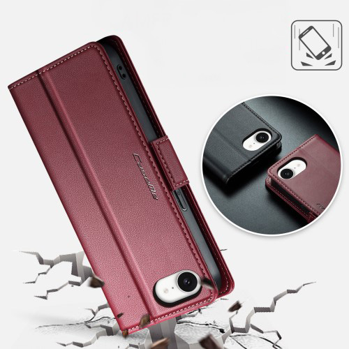 iPhone 16e Leder Tasche Flip Wallet Etui mit Kartenfächern Litchi Look (RFID Schutz) - Rot