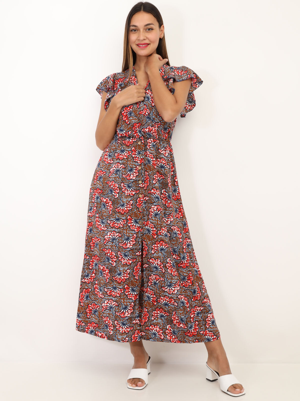 Robe fendue à fleurs style wax- Marron