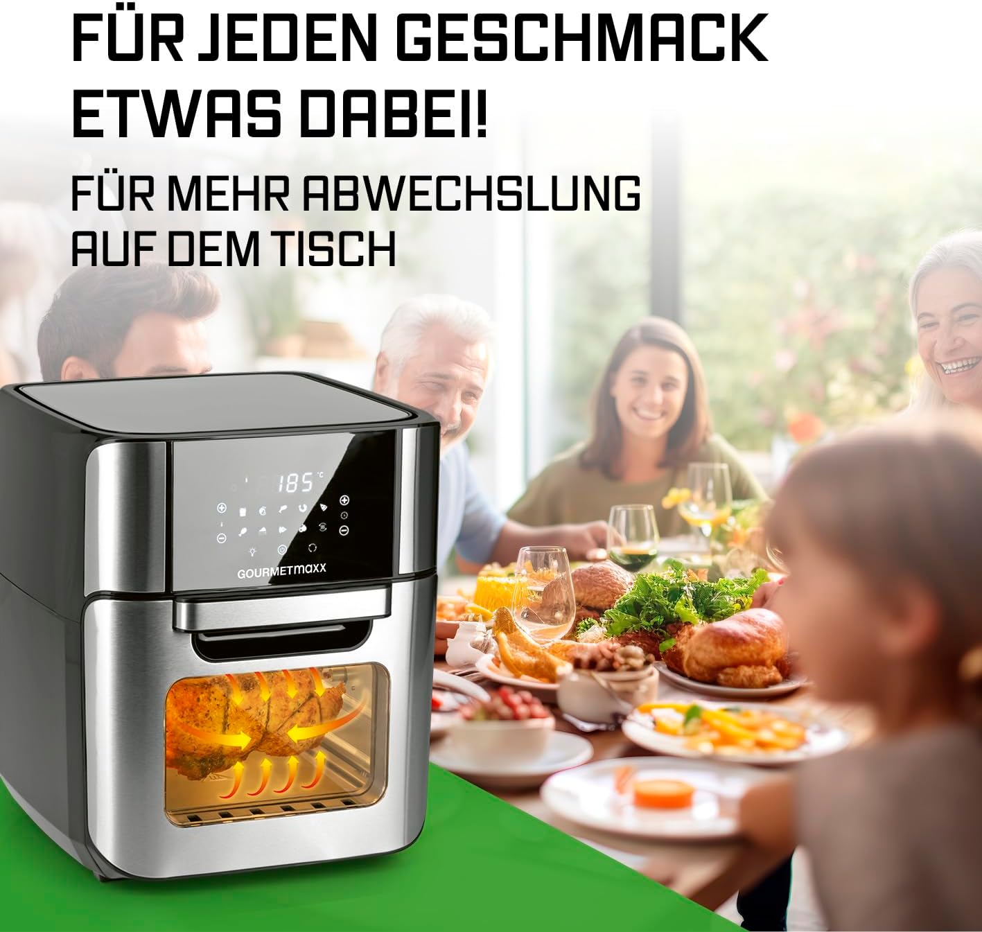 GOURMETmaxx Digitale Heißluftfritteuse 12 L, XXL-Edelstahl-Ofen | Airfryer + Timer, Touchdisplay, Drehspieß | fettarm, energiesparend frittieren | 10 Programme inkl. Pizza | 1800 W