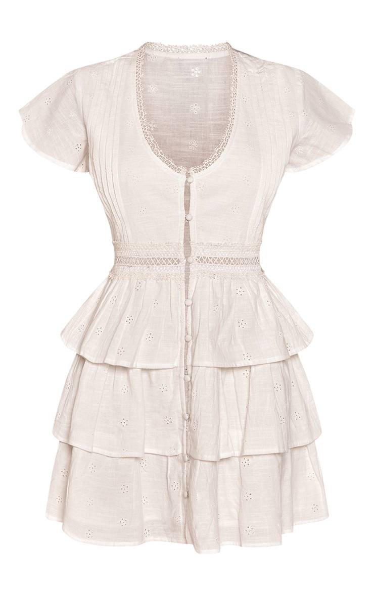 Blanc Robe Droite Boutonnée En Broderie Anglaise À Manches Courtes