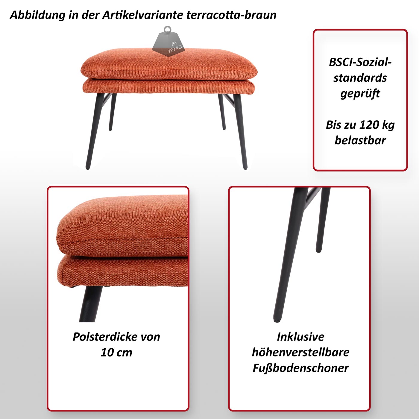 Hocker MCW-L62, Sitzhocker Fußablage Ottomane Polsterhocker, 38x56x40cm Stoff/Textil ~ terracotta-braun
