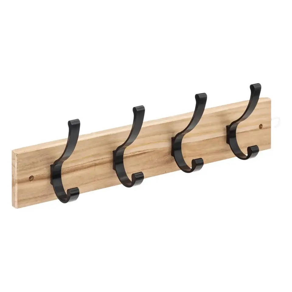 5Five Kapstok rek voor wand/muur - lichtbruin/zwart - 4x ophanghaken