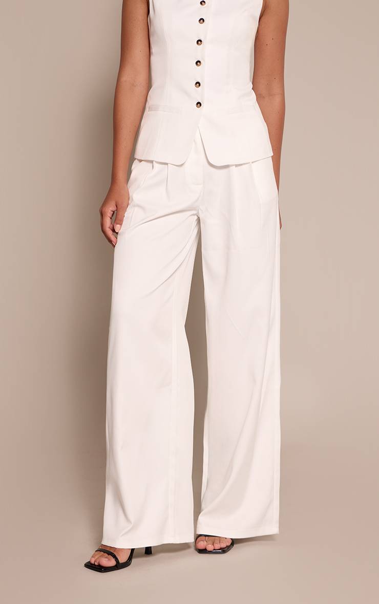 Blanc Pantalon Large Plissé En Tissu Tissé Ajusté