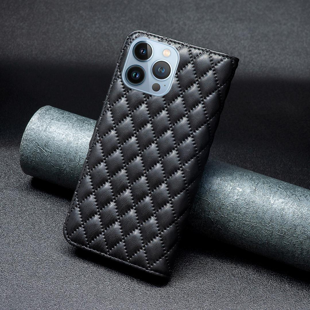 iPhone 13 Pro Leder Tasche Flip Cover Steppmuster - Schwarz