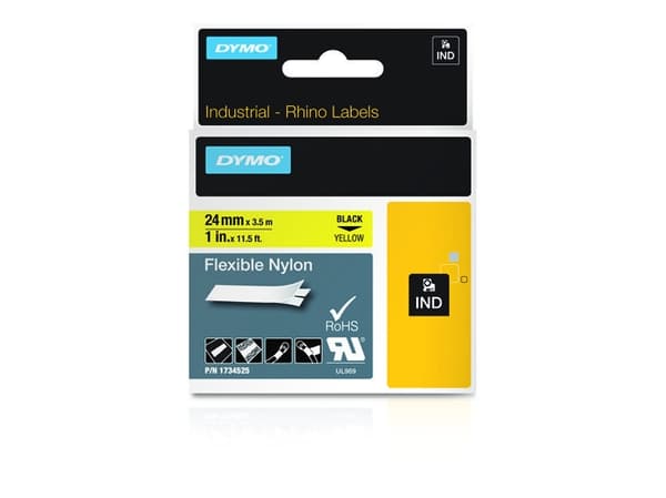DYMO RhinoPRO Flexible Nylon - Nylon - svart på gult - Roll (2.4 cm x 3.5 m) 1 kassett(er) fleksibelt bånd - for Rhino 4200, 6000; RhinoPRO 6000, 650