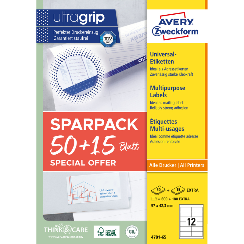 Avery Zweckform Etiketten, 4781-65, 97 x 42.3 mm, 65 Blatt