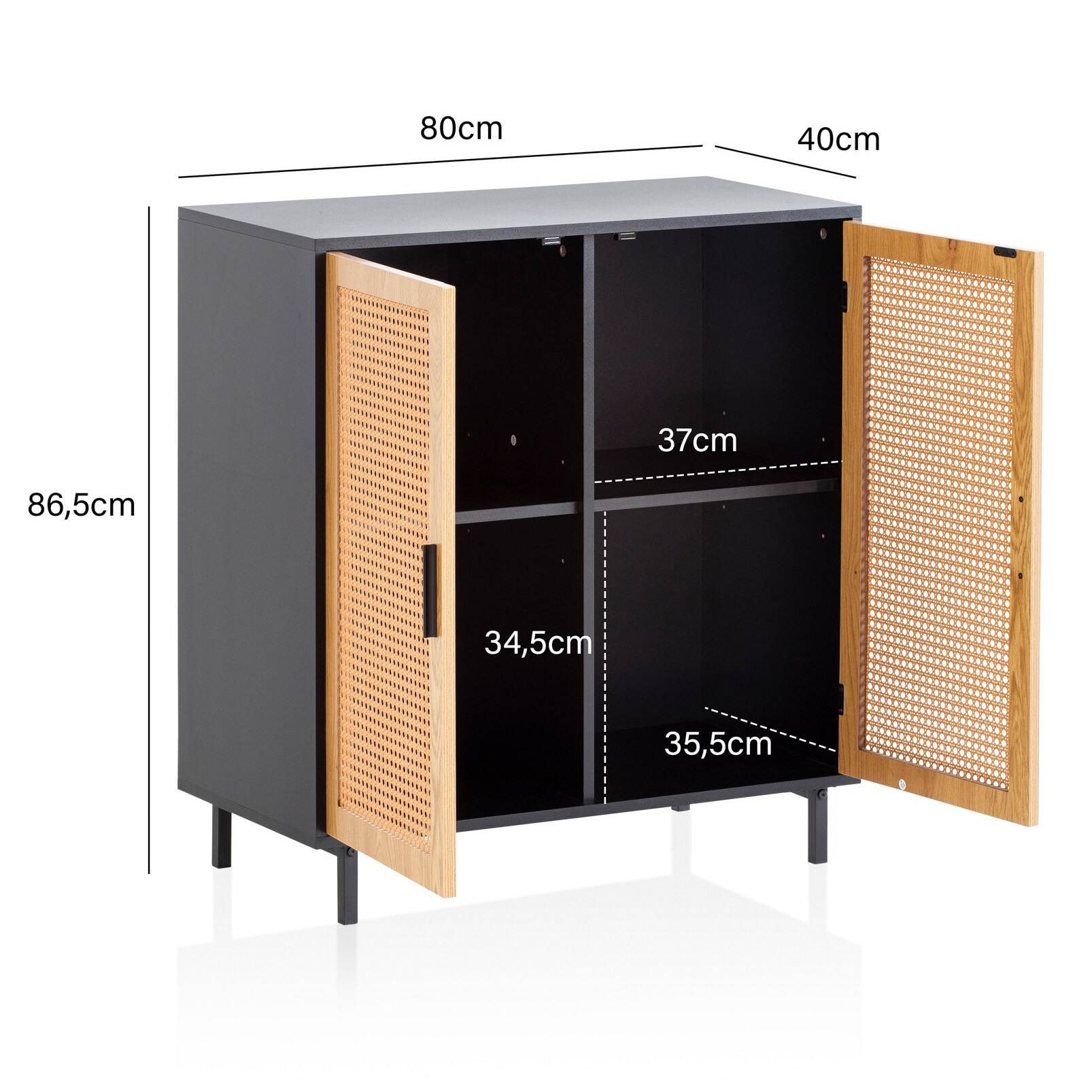 Sideboard FineBuy Anrichte 80 cm Kommodenschrank Schwarz mit Wiener Geflecht