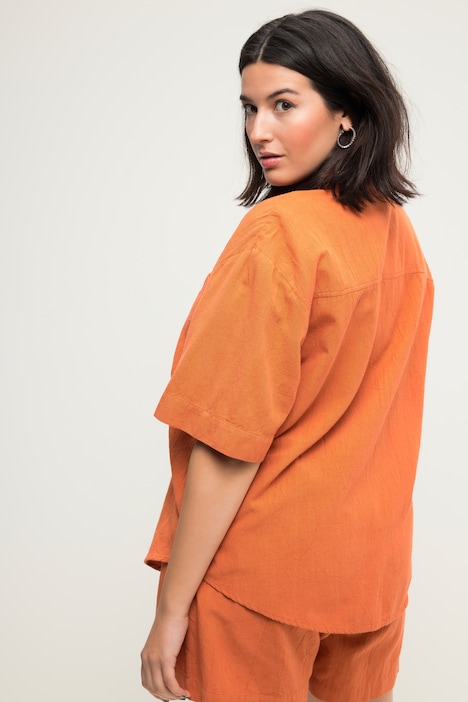 Leinenmix-Bluse, oversized, Hemdkragen, Halbarm