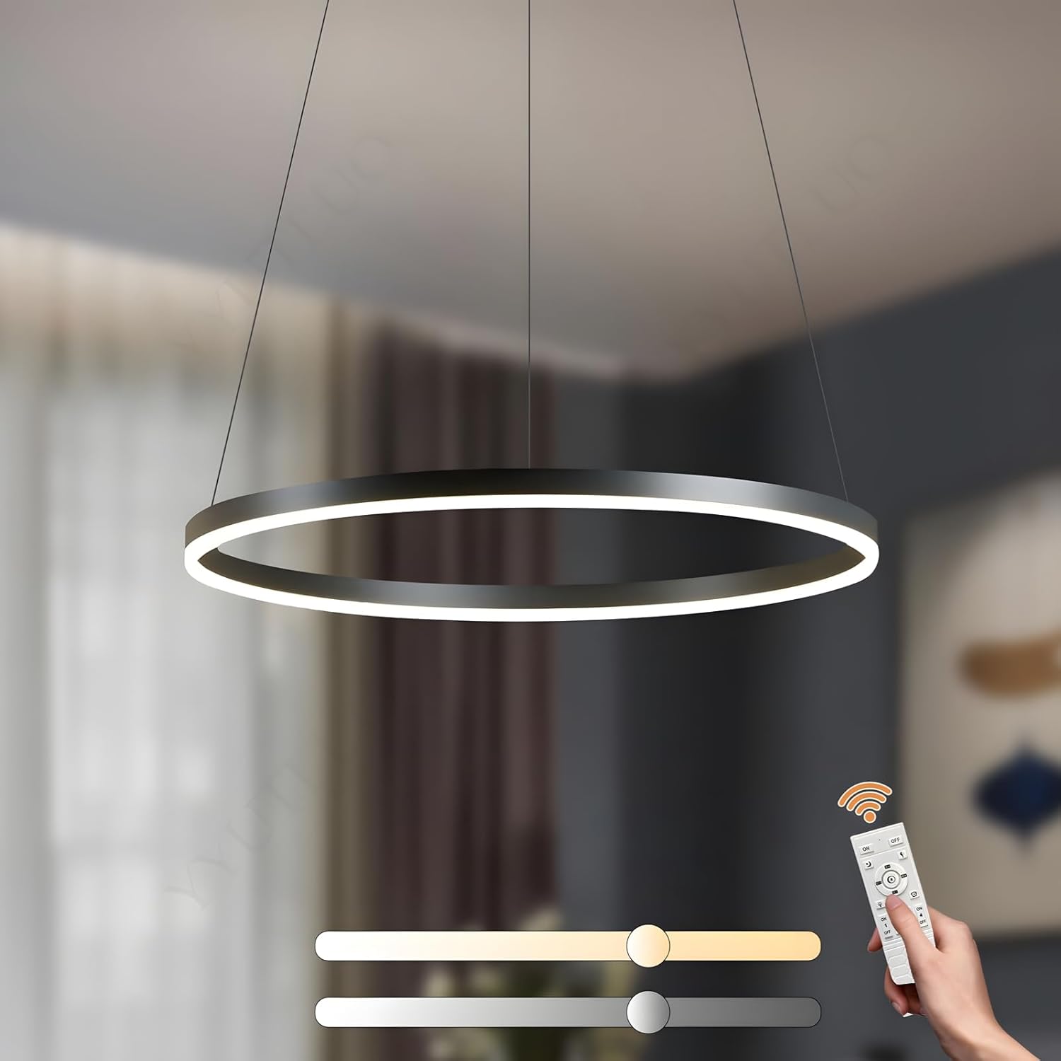 Moderner DIY-Kreis-LED-Kronleuchter | 1 Schwarz Goldringe:60cm=29W| LED-Pendelleuchte aus Metall+Acryl |2,4 G Dimmbare Fernbedienung | Runde Decken-Hängelampe Wohnzimmer Schlafzimmer Esszimmer