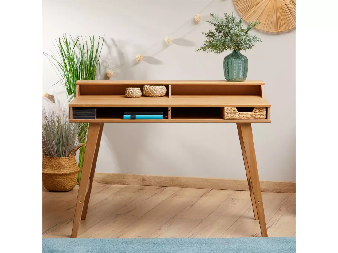 Bureau secrétaire LUNA avec niches 110 x 84 x 54 cm, En bois de pin massif, Rangement élégant et compact, Petit bureau, Brun