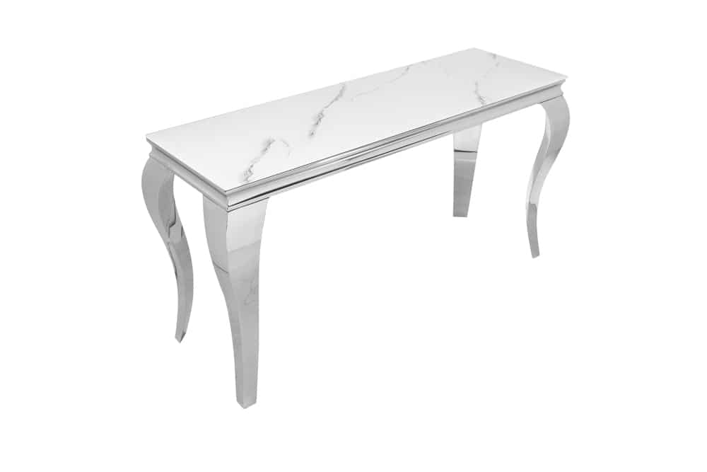 Eleganter Konsolentisch MODERN BAROCK 145cm mit Glasplatte Marmoroptik Edelstahlbeine