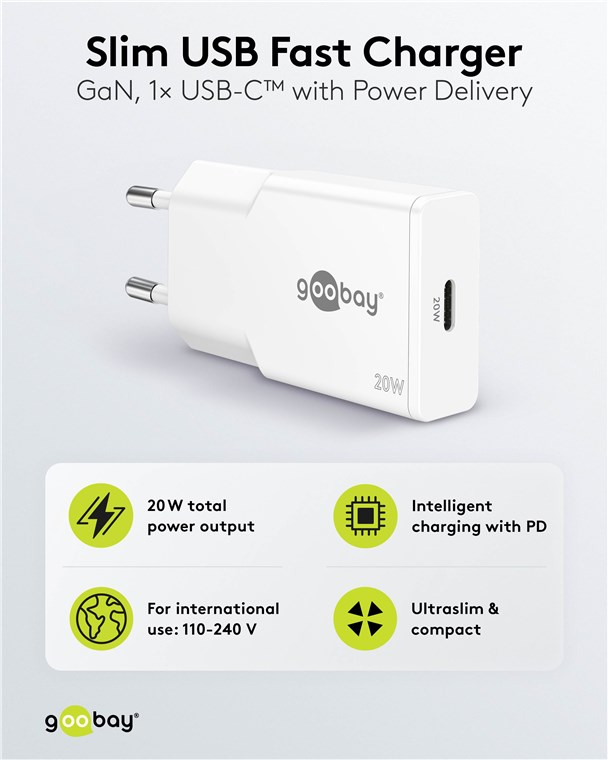 (20W) Slim USB C GaN Ladegerät Netzteil Power Delivery (75728) - Weiss