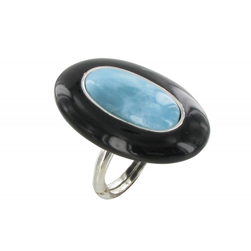 Bague Argent Ovale Corne Noir et Larimar