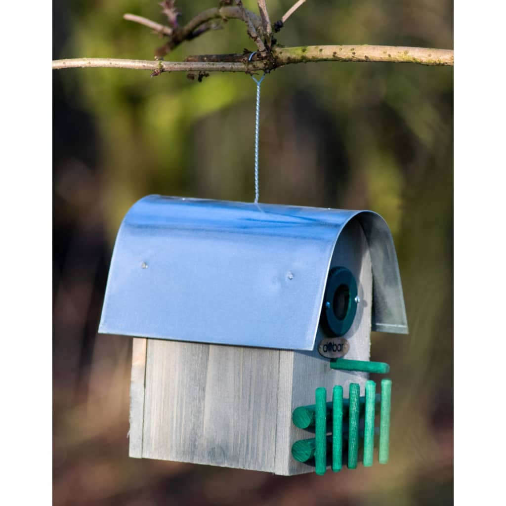 Nichoir à oiseaux teak toit arrondi en zinc naturel/vert/argenté