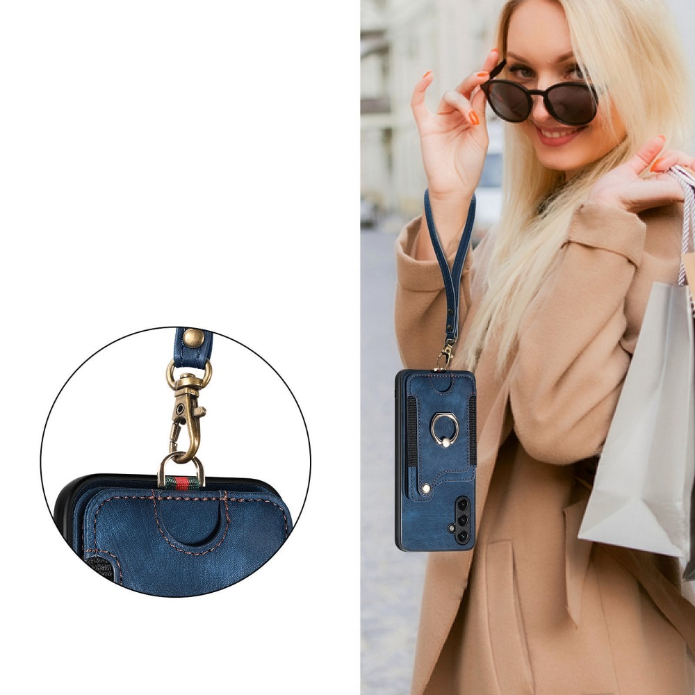 Samsung Galaxy A54 5G Necklace Leder Hülle mit Kartenfächer   Finger Griff Halterung   Handykette (RFID Schutz) - Blau