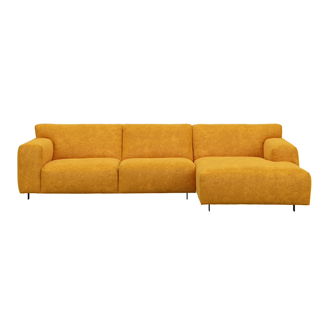 Vesta 2,5-seter med sjeselong høyre I Tekstil Eros Mustard, standardsøm, sort metallben 10 cm, Comfort CM