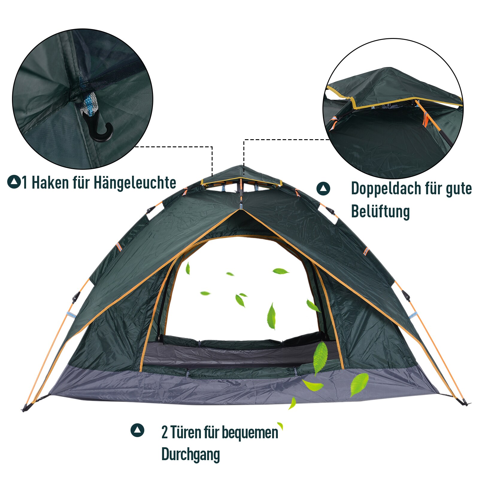 Outsunny Quick-Up-Zelt für 2 Personen + 1 Kind dunkelgrün 210 x 210 x 140 cm (LxBxH)