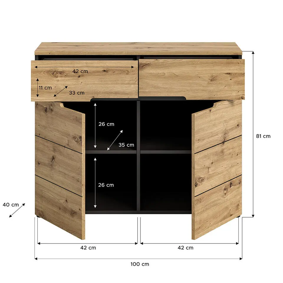 Hioshop Canu ladekast - 2 laden 2 deuren - eiken decor