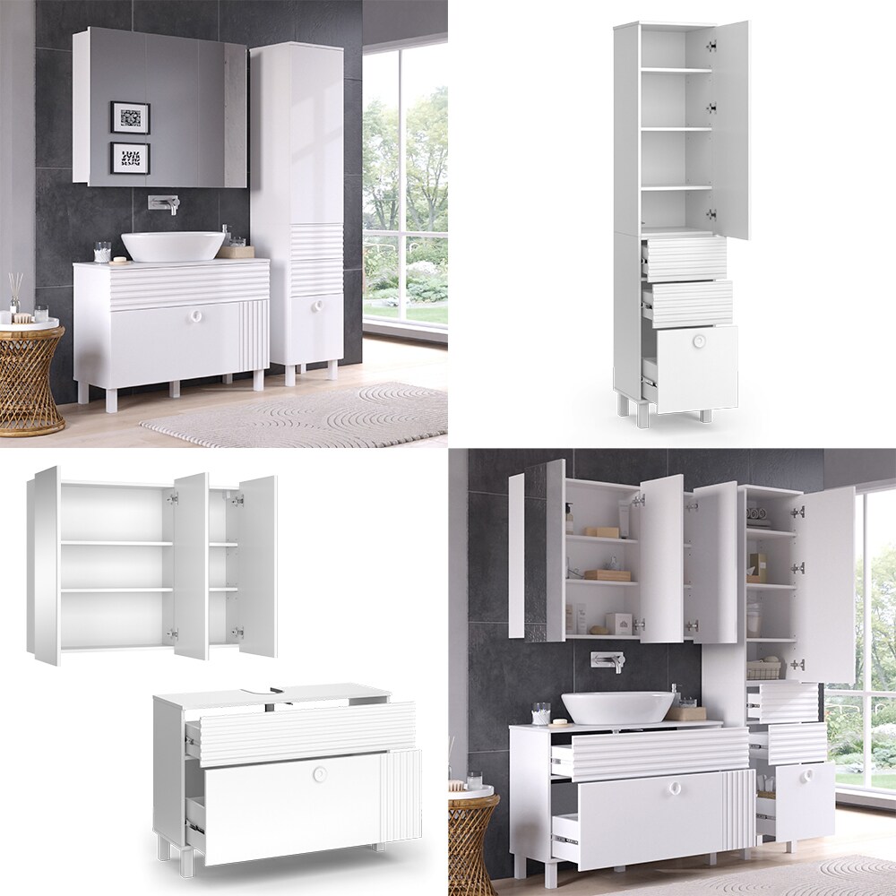 Vicco Badmöbel-Set Sola Weiß matt, moderne Serie, Badezimmer, dekorative Front Waschtischunterschrank Spiegelschrank Hochschrank
