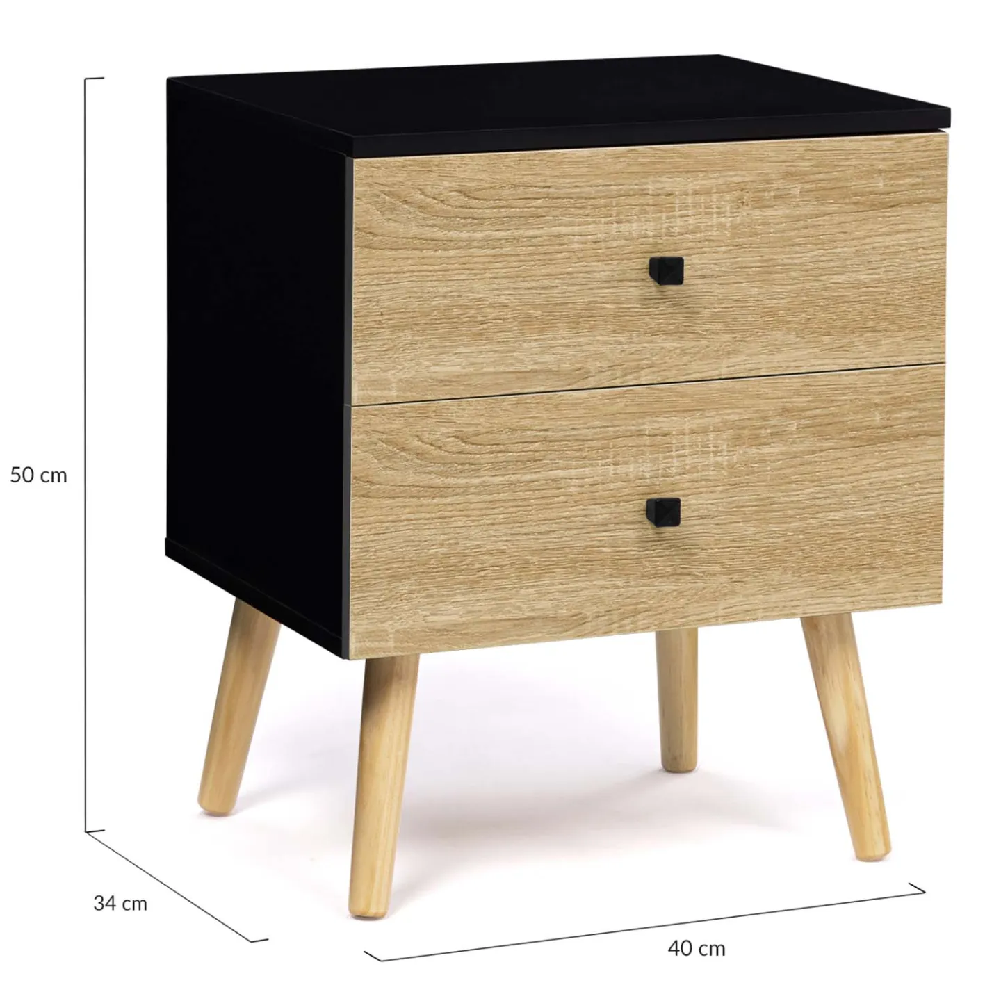 Lot de 2 tables de chevet EMMIE scandinaves 2 tiroirs noir et hêtre