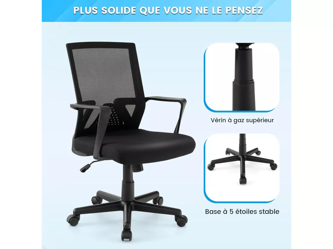 Chaise de Bureau Ergonomique, Chaise de Travail avec Soutien Lombaire et Dossier à Bascule, Pivotante en Maille avec Accoudoirs, pour Chambre, Bureau, Noir