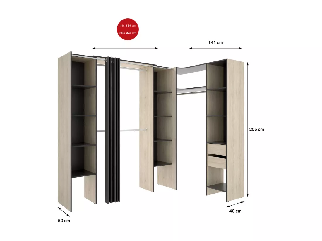 Grande Garde-robe Dmacintyr, Meubles de chambre, Penderie de plain-pied, Placard à vêtements, 234x141 h205 cm, Anthracite et Chêne clair