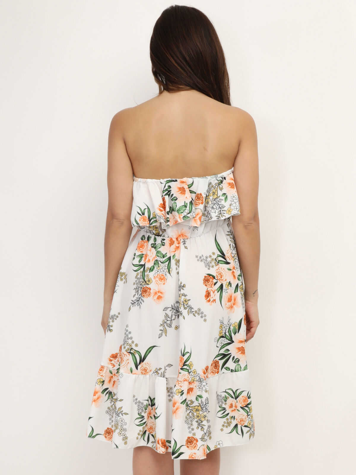 Robe bustier à volants et imprimé fleuri- Blanc