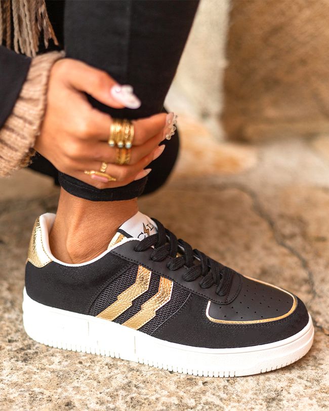 Basket femme noir et dorée à lacets - CL56 BLACK