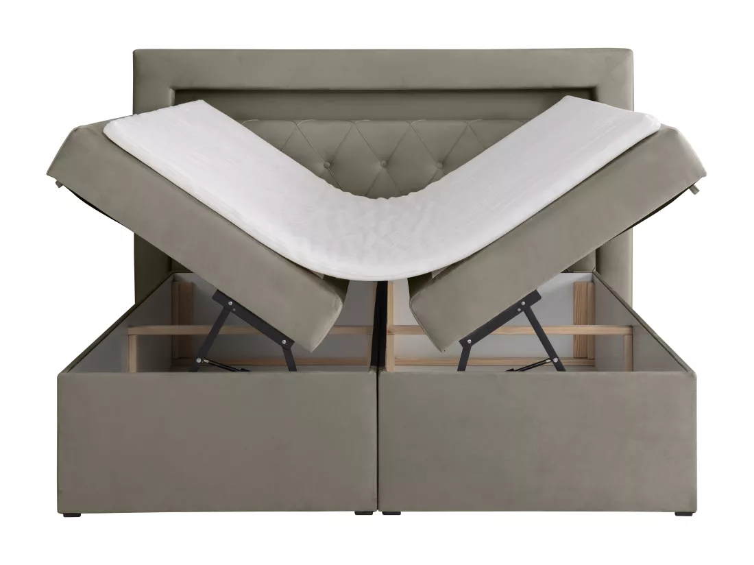 Ensemble complet literie déco tête de lit avec led + sommiers coffre + matelas + surmatelas - 160 x 200 cm - Velours - Taupe - ORANA de YSMÉE
