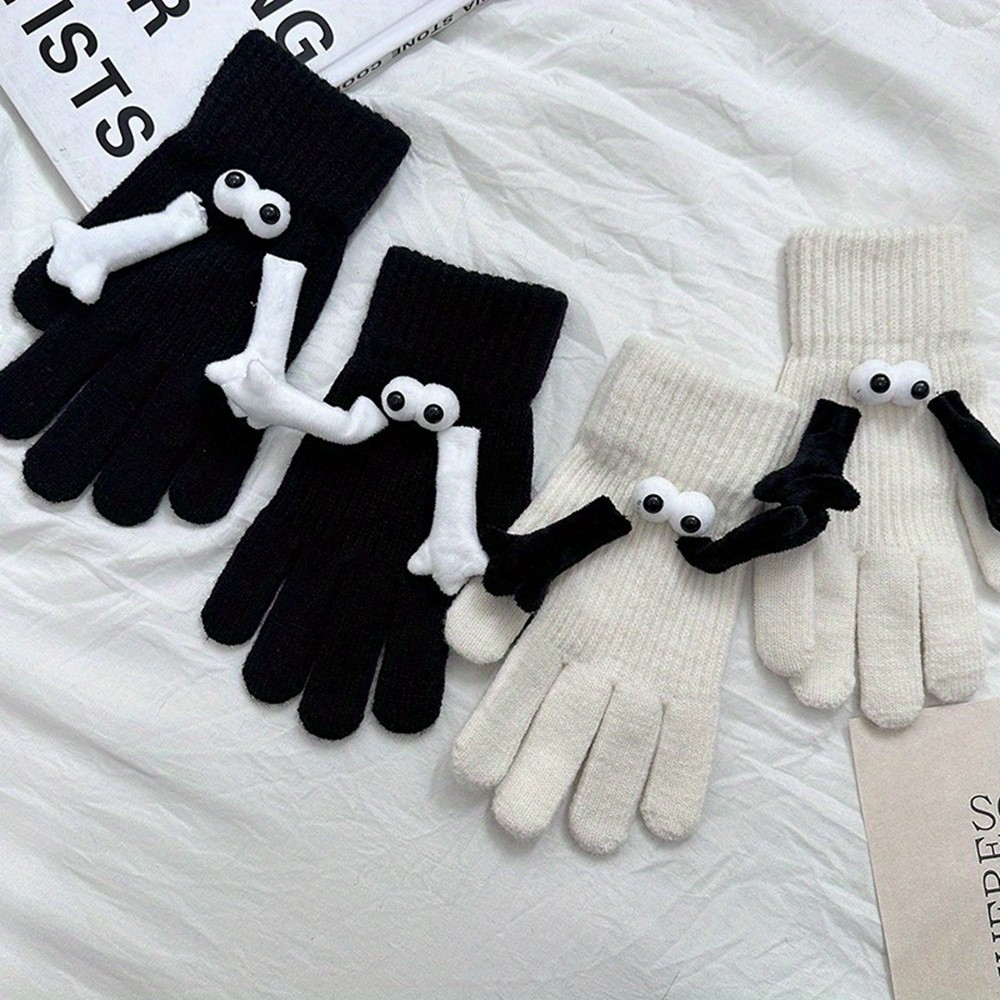 (1 Paar) Unisex Handschuhe Fashion Fäustlinge Couple Gloves Winter Accessoire mit Augen / Magnetischen Händen (One Size) - Weiss