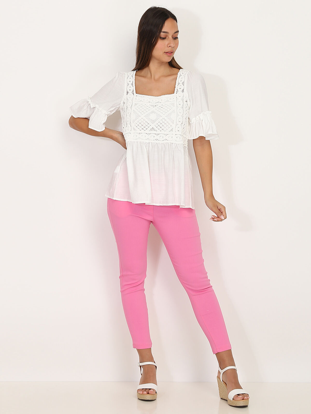 Top Style bohème à volants et crochet- Blanc