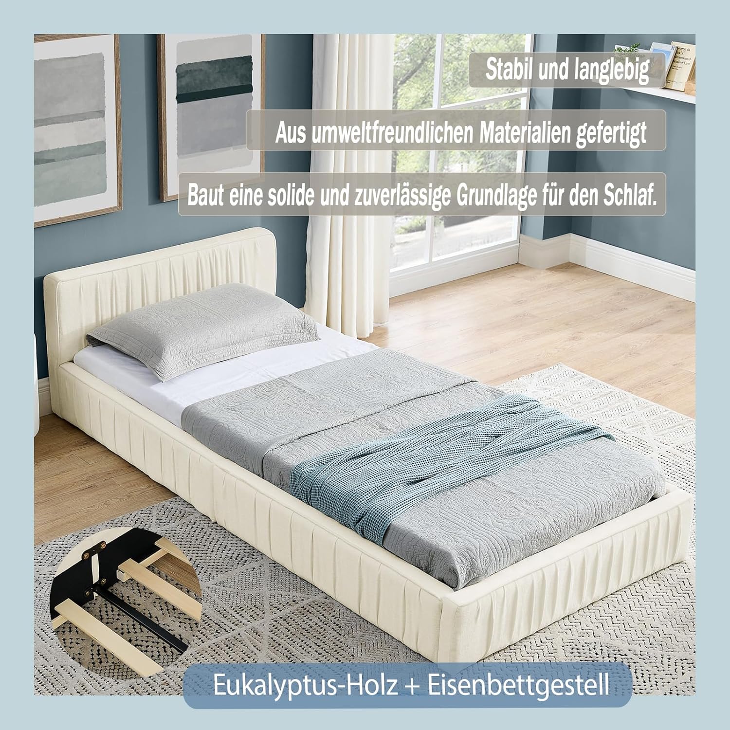 okwish Polsterbett 90x200 Jugendbett mit Bettgestell und Lattenrost - Für Kinder Jugendliche und Erwachsene geeignet - Maximale Tragkraft 200 kg, ohne Matratze, Chenille Beige