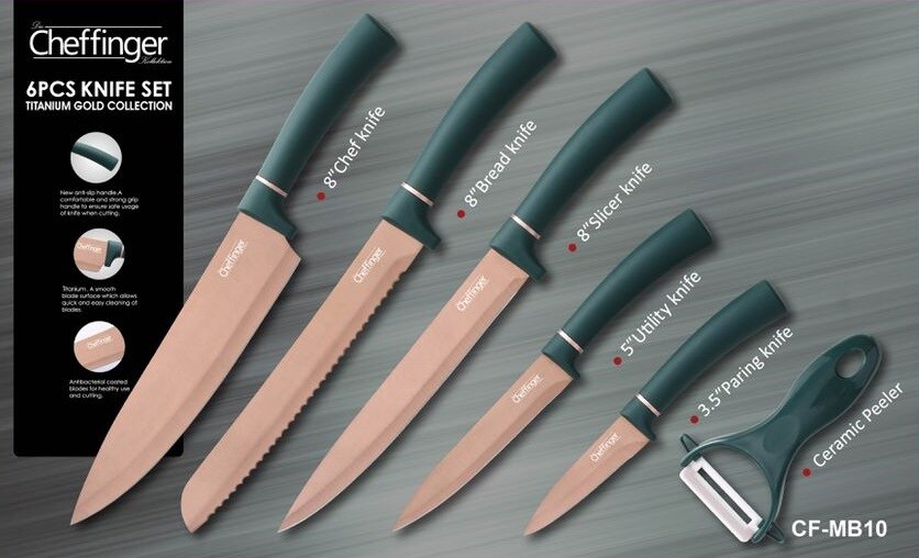 Cheffinger 6 Teile rose gold grün Messerset Messer Fleischmesser Brotmesser