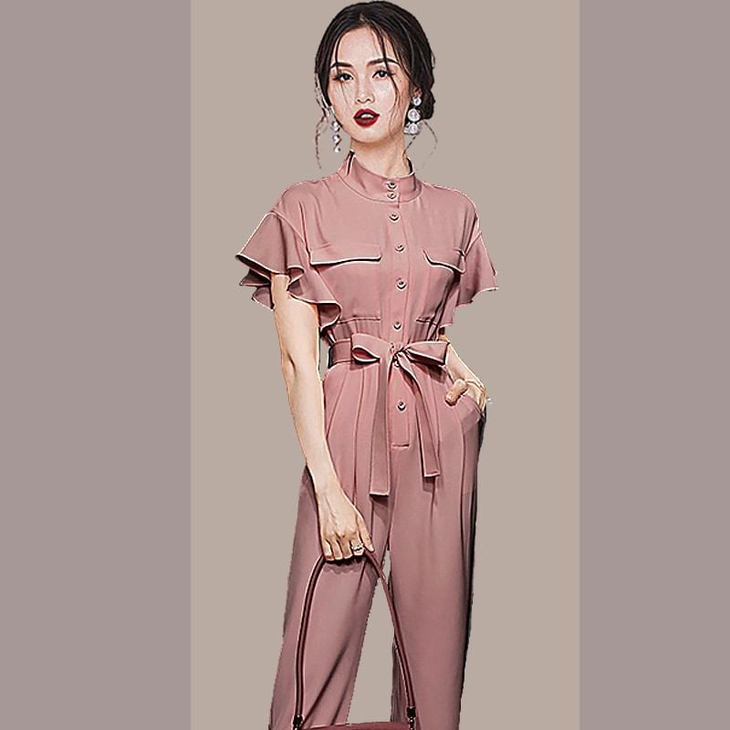 Aurora - Henley jumpsuit met korte mouwen en strik