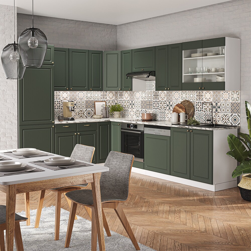 Vicco Eckküche Küchenzeile Einbauküche Fame-Line Landhaus Weiß Grün Gold227x287 cm Spülenunterschrank Schubunterschrank Eckunterschrank Herdumbauschrank Hängeschrank Kühlumbauschrank