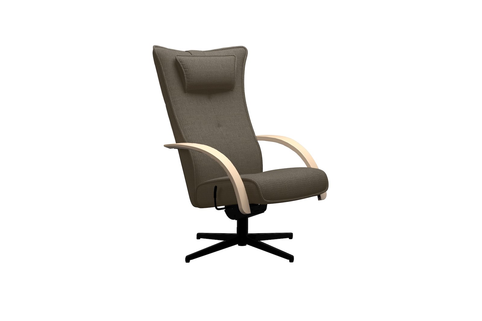 Delta Motion Wood lenestol Tekstil Guard Taupe, med sortlakkert S04 sokkel. Hvitpigmentert eik armlener