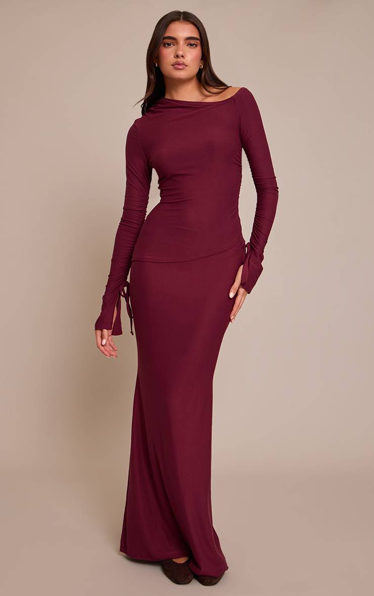 Rouge Bordeaux Jupe Longue À Panneaux Asymétriques Toucher Doux