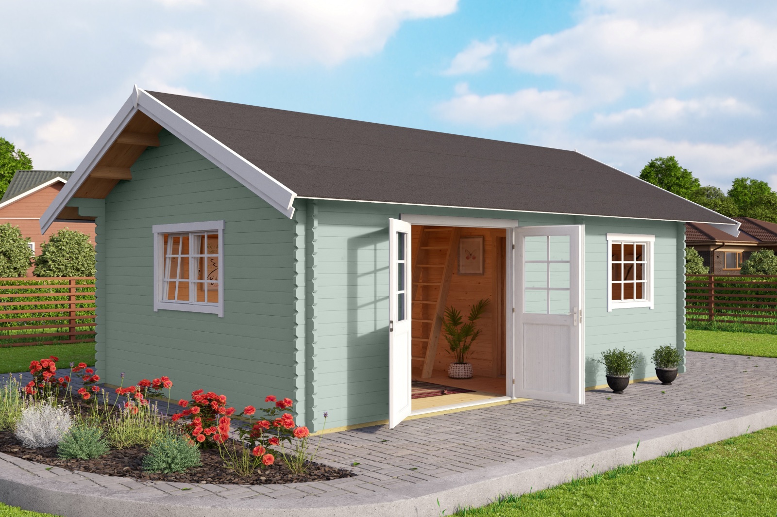 Gartenhaus CAROLINE SET GOLD - gletschergrün - Fichte massiv - 575x390 cm