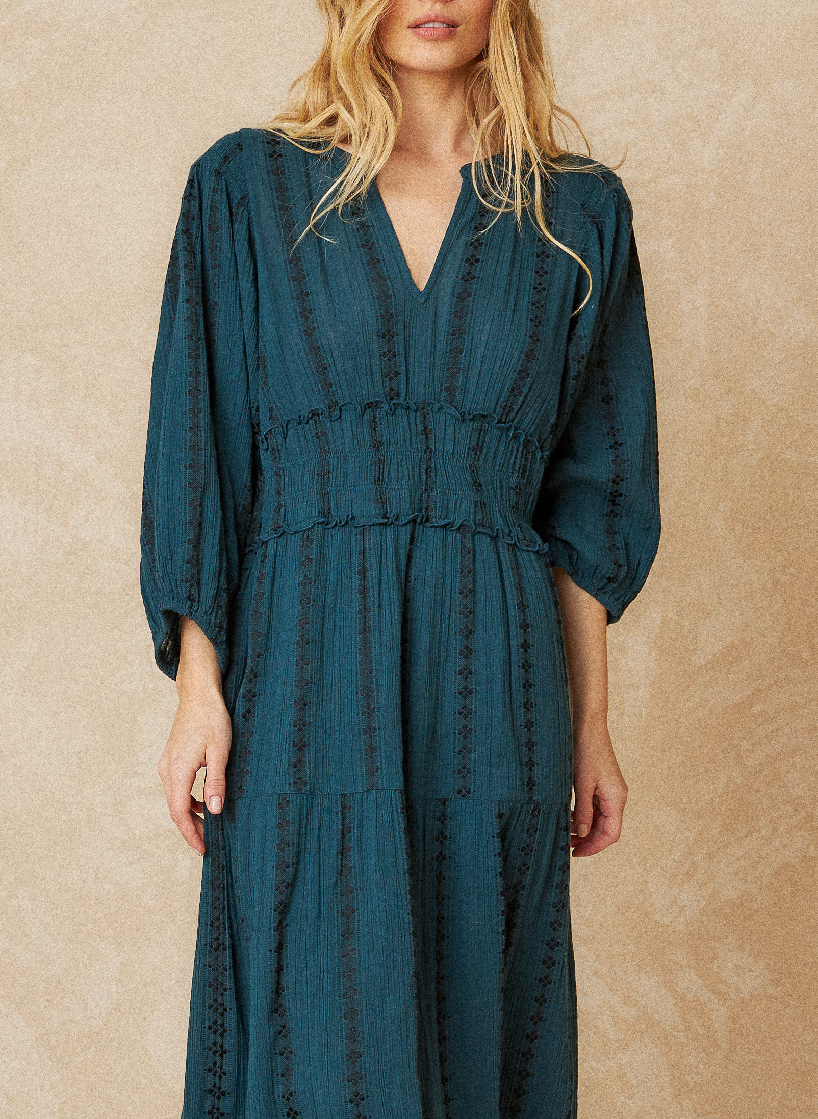 Robe longue col V jacquard en coton mélangé | Bleu