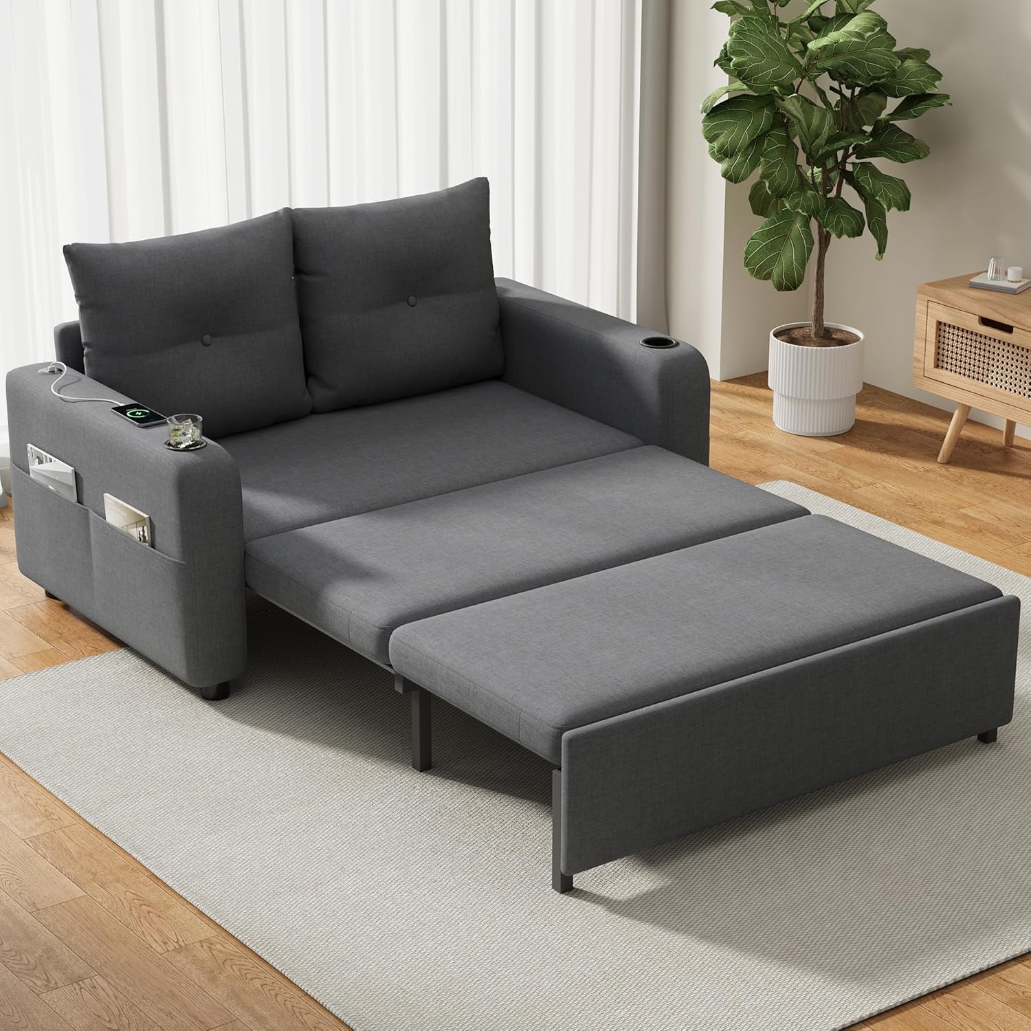 Bladez 3-in-1 Schlafsofa ausziehbar – 2-Sitzer Sofa Bett mit Liegefunktion, Getränkehaltern, USB- & Type-C-Anschluss, Seitentaschen & Kissen, modernes Doppelsofa für Wohnzimmer & Schlafzimmer, Grau