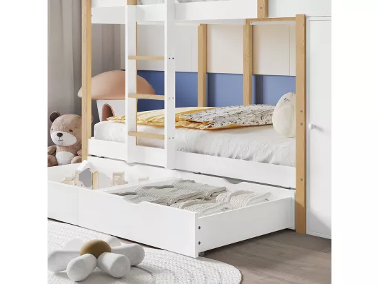 Lit superposé pour enfants 90x200 cm, avec échelle à 3 marches, 2 armoires de rangement, 2 tiroirs sur roulettes, pin + MDF, blanc + naturel