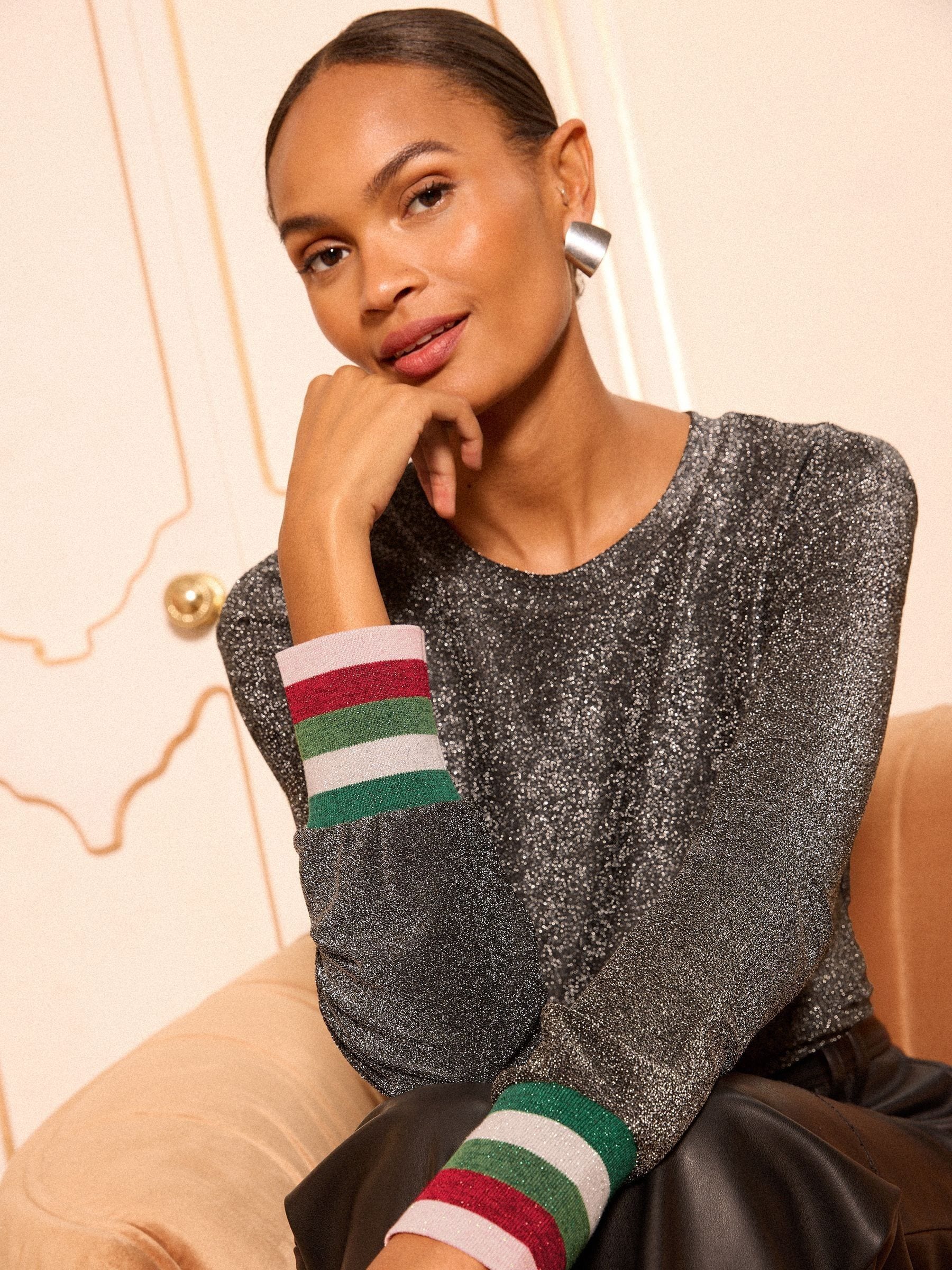 Zwart - Love & Roses Sparkly Rainbow Cuff Jersey Top