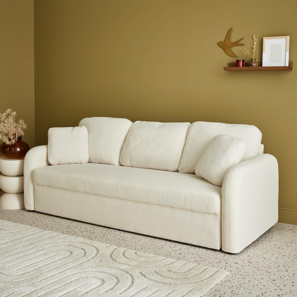 Canapé 3 places cosy rond. Tissu bouclettes blanches. Milano. L 210 x p 85 x h 85cm