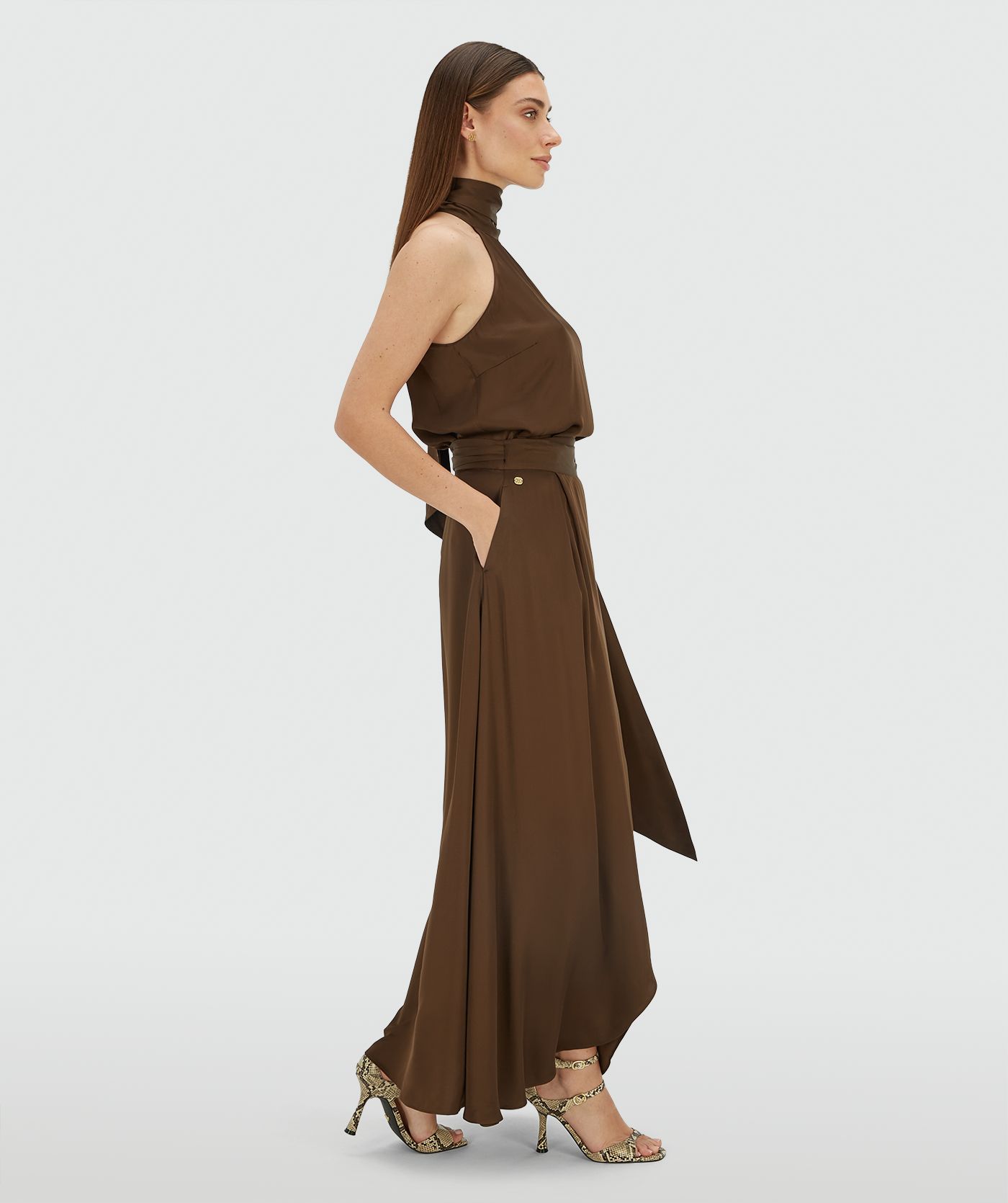 JV-YAMICIA overslag maxi rok in satijn look - brown