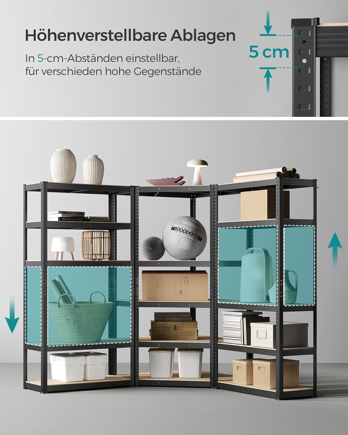 SONGMICS Eckregal-Set 5 Ebenen, Schwerlastregal, Metall, Lagerregal für Garage, Abstellraum, Kellerregal, bis 2625 kg belastbar, tintenschwarz-naturbeige GLR070B03